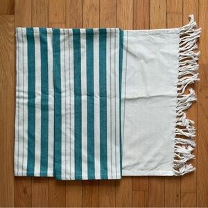 Unbranded Striped Woven Table Runner Cream Blue with Fringe 88.5" x 19" Coastal